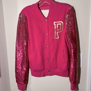 PINK sequin sleeve varsity jacket